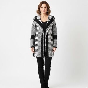 MS Mad Style Cardigan Black/White Fuzzy Long Knit S/M